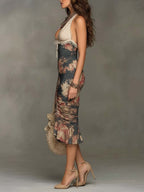 Bohemian Satin Vintage Floral Print Halter Lace Trim Ruched Midi Dress