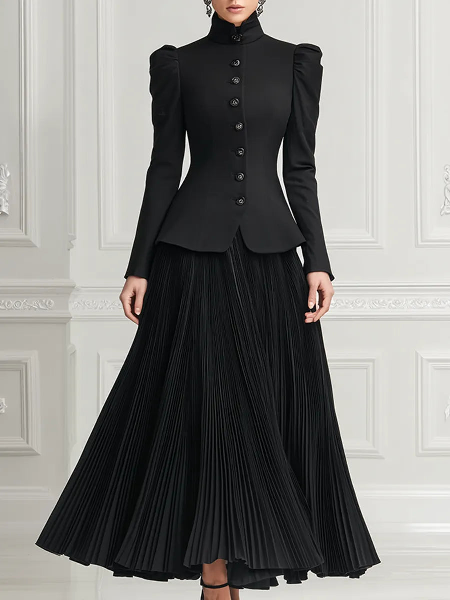 Black Stand Collar Puff Shoulder Tailored Jacket & Pleated Maxi Skirt Two-Piece Set
