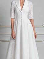 White Lace Shawl Collar Button Front A-Line Midi Dress