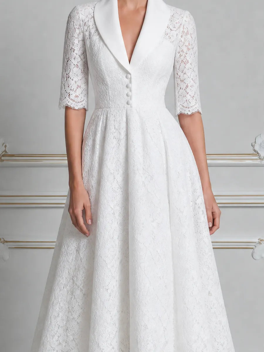 White Lace Shawl Collar Button Front A-Line Midi Dress