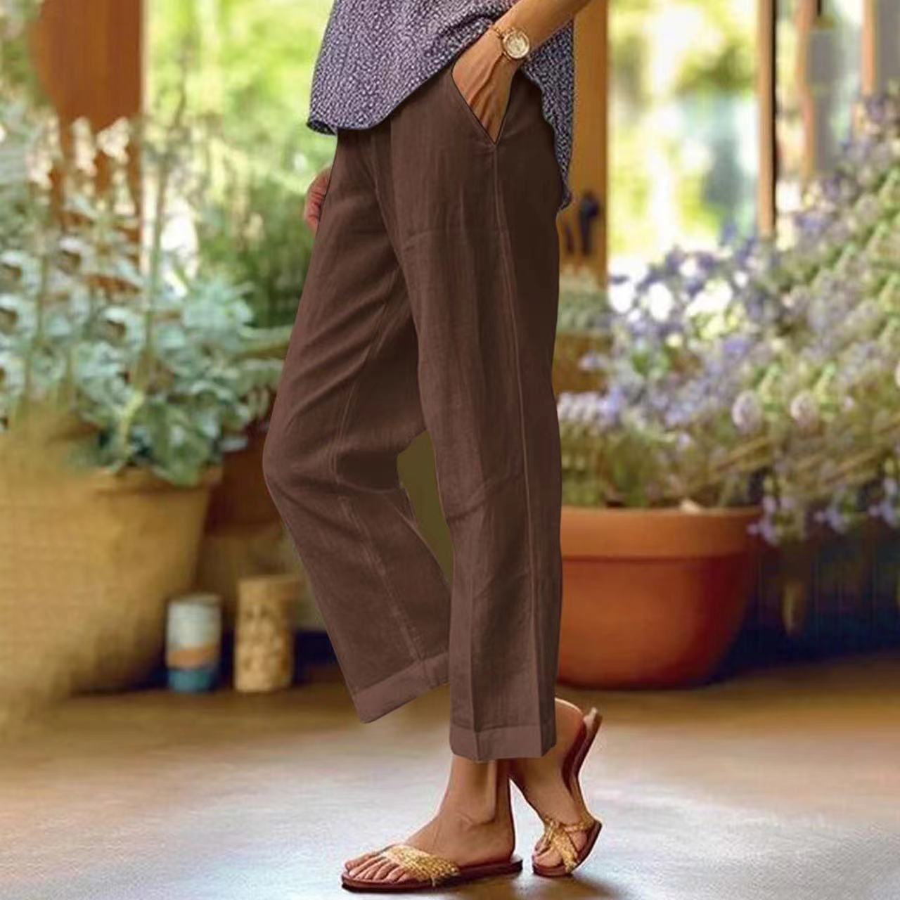 Loose Solid Color Elastic Waist Pocket Straight Cotton And Linen Casual Pants