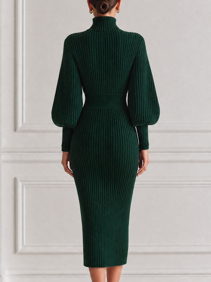 Green Dress Stockholm Style Fall Fashion Ribbed Knit Pencil Midi Dress