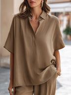 Relaxed Textured Short Sleeve V-Neck Blouse
