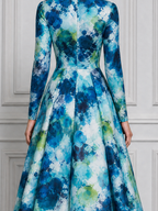 White Blue Green Watercolor Floral Print Long Sleeve A-Line Midi Dress