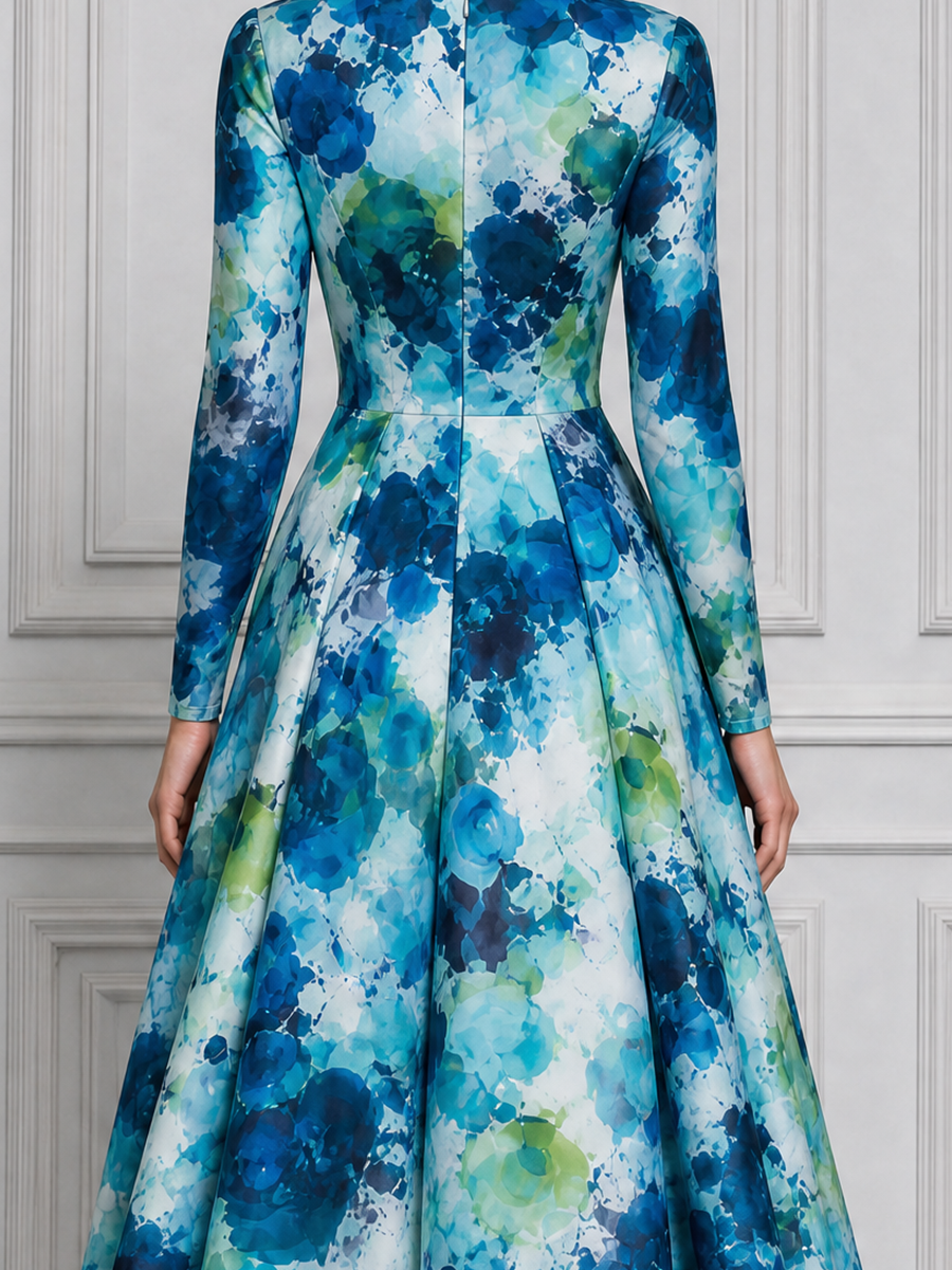 White Blue Green Watercolor Floral Print Long Sleeve A-Line Midi Dress