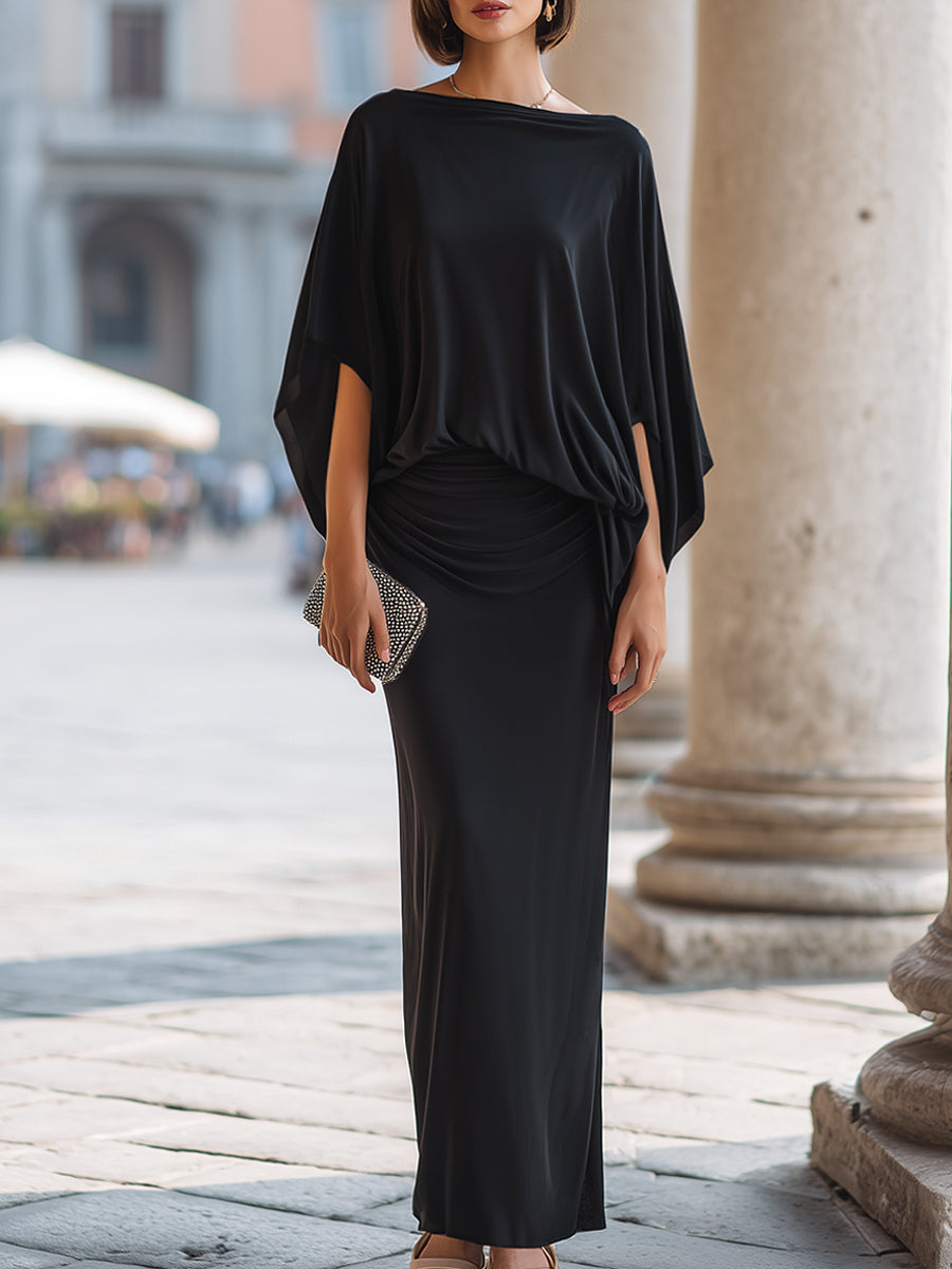 Black Draped Batwing Top & Skirt Two-Piece Set