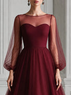 Elegant Illusion Neck Puff Sleeve Tulle A-Line Formal Dress