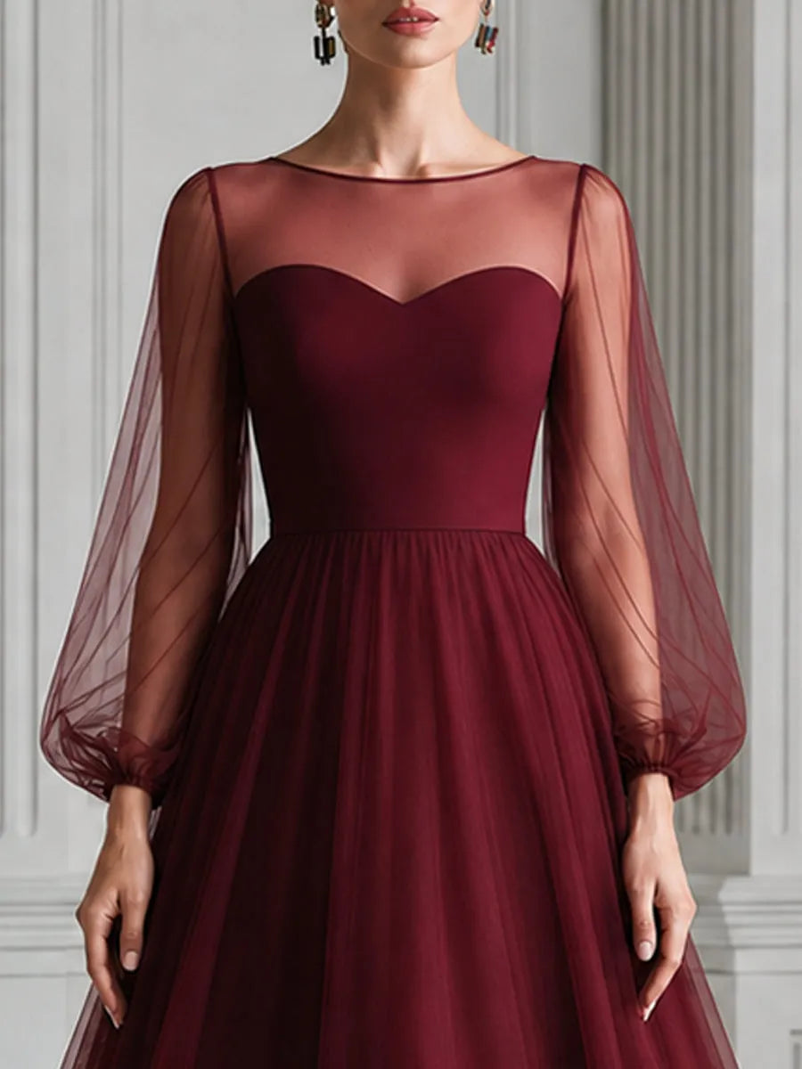 Elegant Illusion Neck Puff Sleeve Tulle A-Line Formal Dress