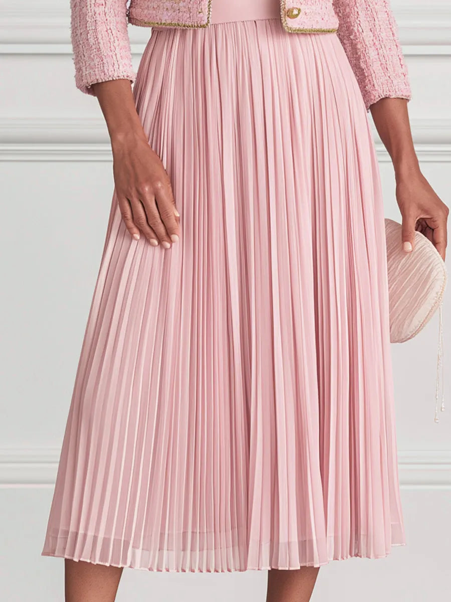 Pink Tweed Cropped Jacket & Pleated Midi Dress Set
