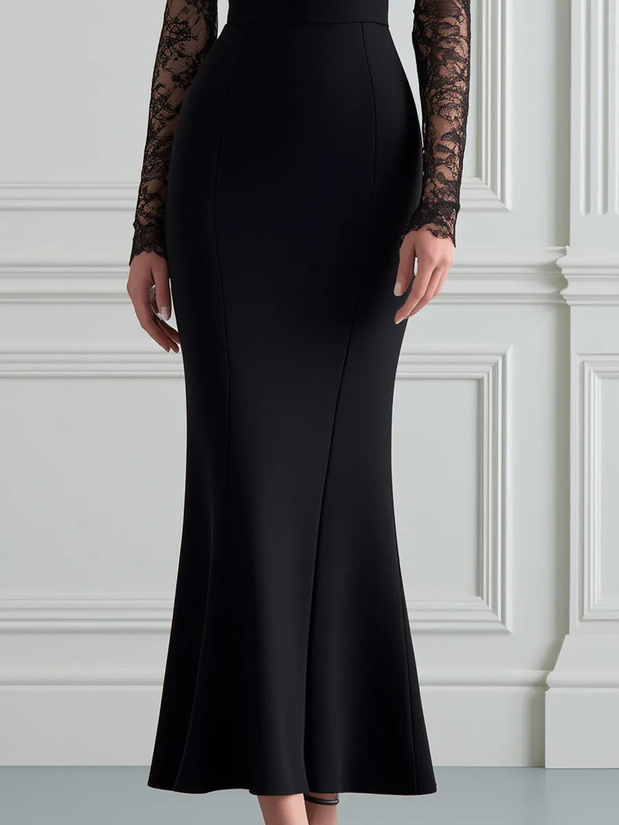 High-Neck Lace Panel Mermaid Maxi Dress