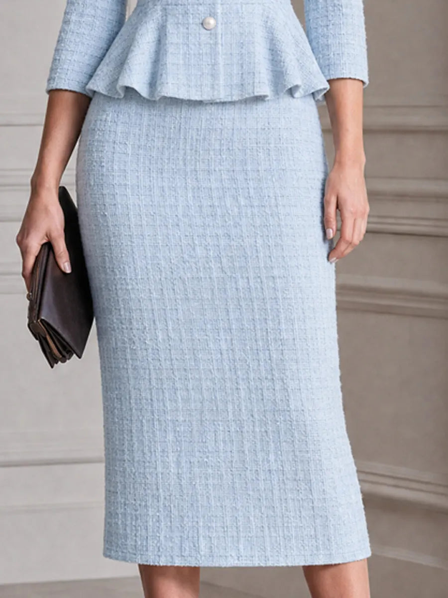 Stand Collar Peplum Jacket & Midi Pencil Skirt Waffle Suit