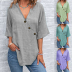 Women's Solid Color Button Linen V-neck T-shirt