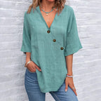 Women's Solid Color Button Linen V-neck T-shirt