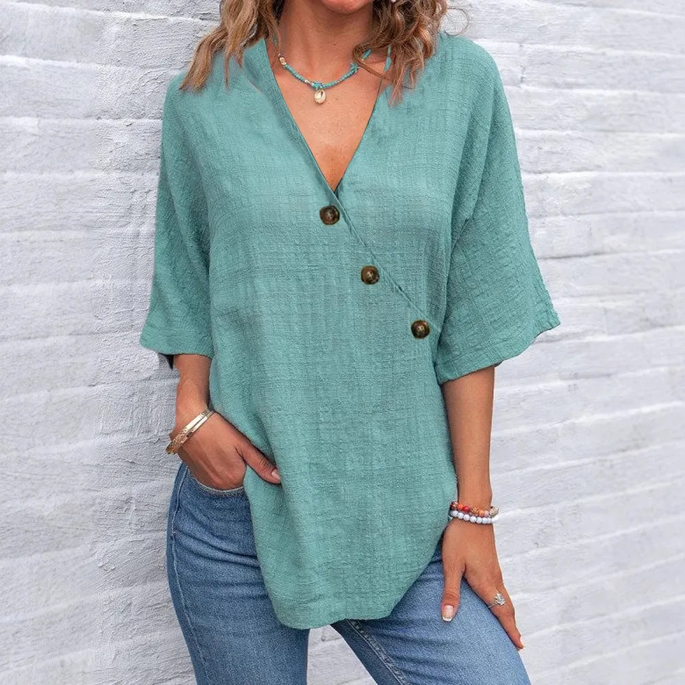 Women's Solid Color Button Linen V-neck T-shirt