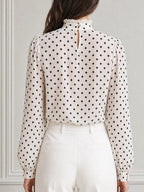 White Polka Dot Ruffle Neck Long Sleeve Blouse