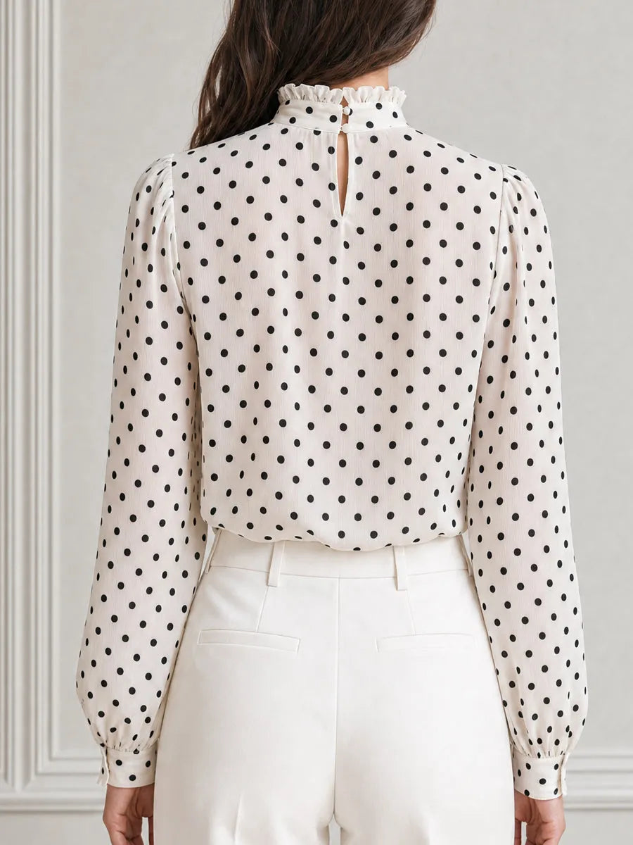White Polka Dot Ruffle Neck Long Sleeve Blouse