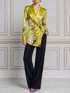 Green Floral Satin Wrap Shirt & Black Wide-Leg Trousers Two-Piece Set