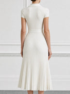 Ribbed Knit Pearl-Button Polo Midi Dress