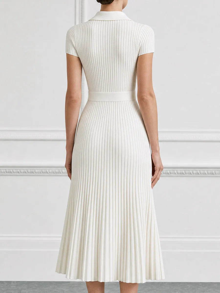 Ribbed Knit Pearl-Button Polo Midi Dress