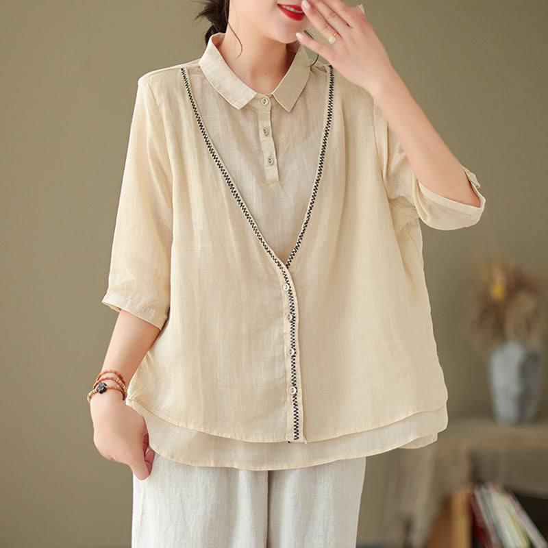 Women's Embroidery Button Down Cotton Linen Casual Shirt