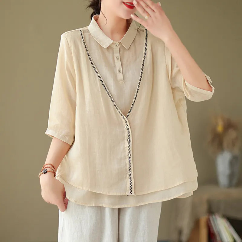Women's Embroidery Button Down Cotton Linen Casual Shirt