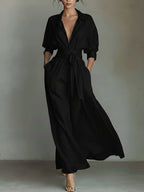 Waist-cinching Shirt-style Maxi Linen And Cotton Dress