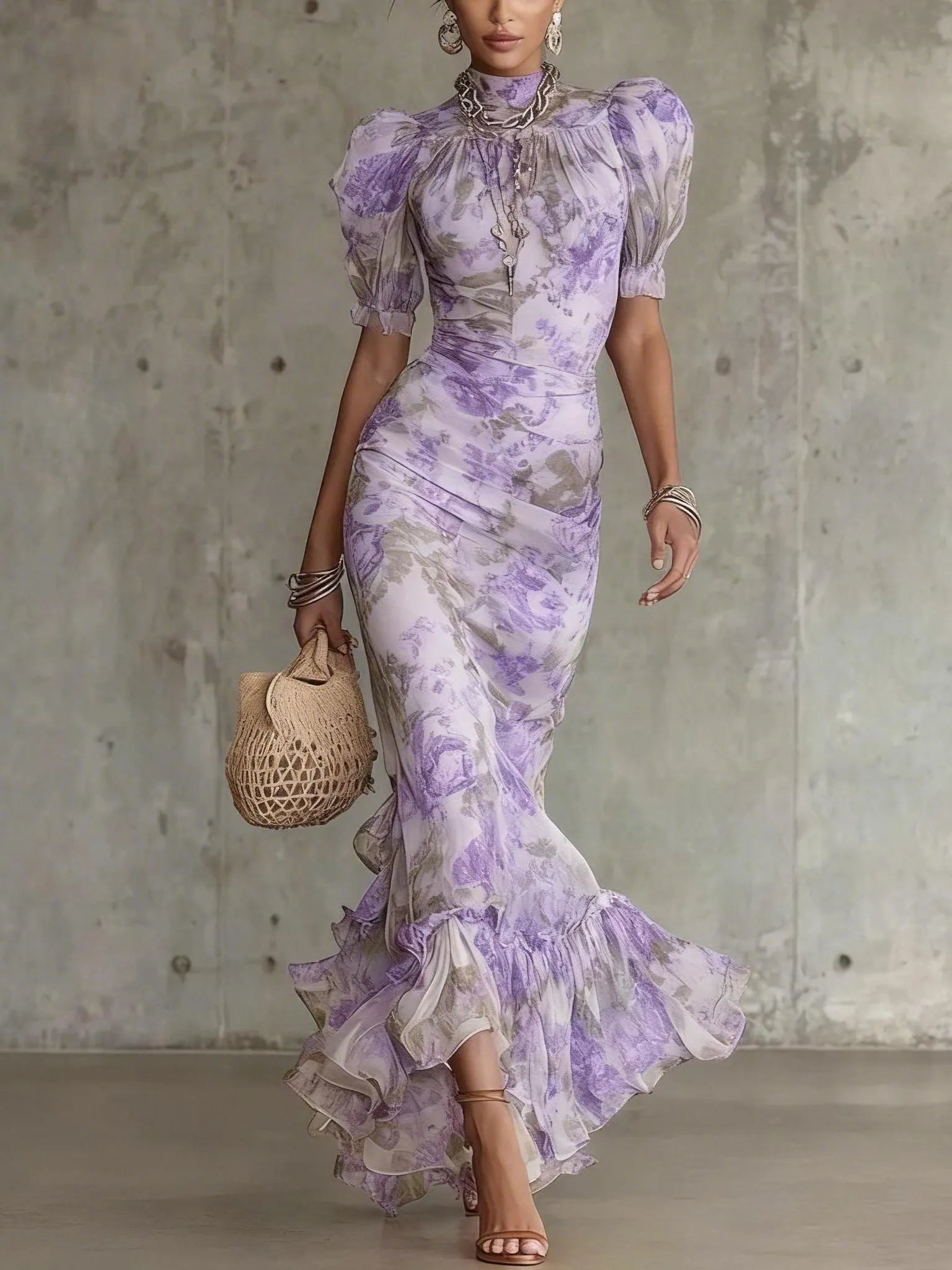 Purple Vintage Rose Print Long Dress with Puff Sleeves (Accessories Not Included)