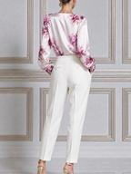 Ivory Pink Floral Satin Blouse & Pleated Tapered Trousers Set