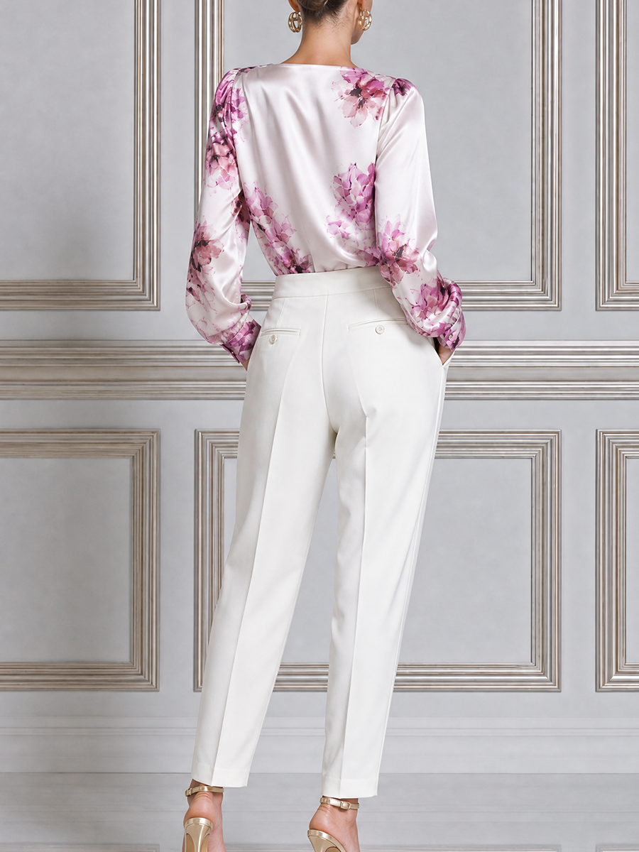 Ivory Pink Floral Satin Blouse & Pleated Tapered Trousers Set
