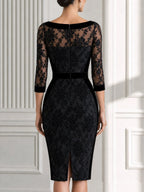 Floral Lace Velvet Trim Boat Neck Midi Bodycon Dress