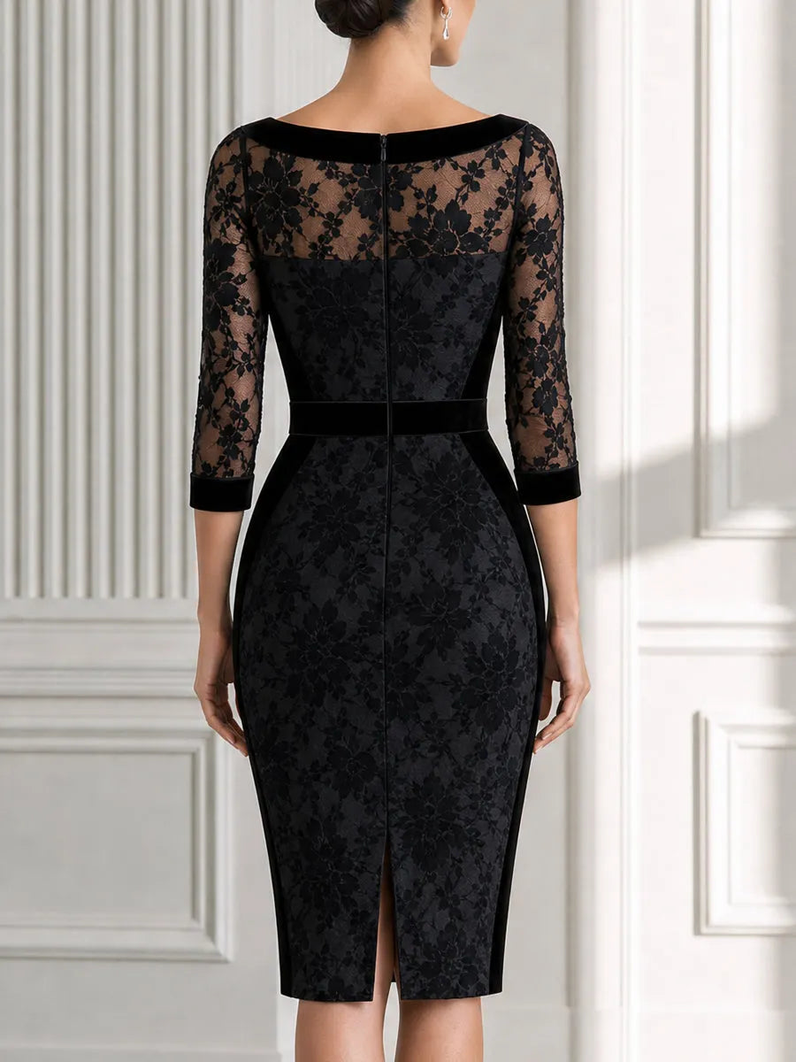 Floral Lace Velvet Trim Boat Neck Midi Bodycon Dress