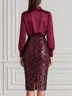 Satin Bow Blouse & Sequin Pencil Midi Skirt Two Piece Set