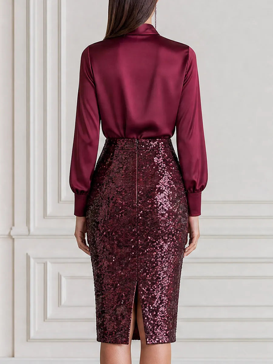 Satin Bow Blouse & Sequin Pencil Midi Skirt Two Piece Set