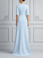 Blue Dress Fall Wedding Guest Dress Floral Appliqué Overlap Maxi Dress