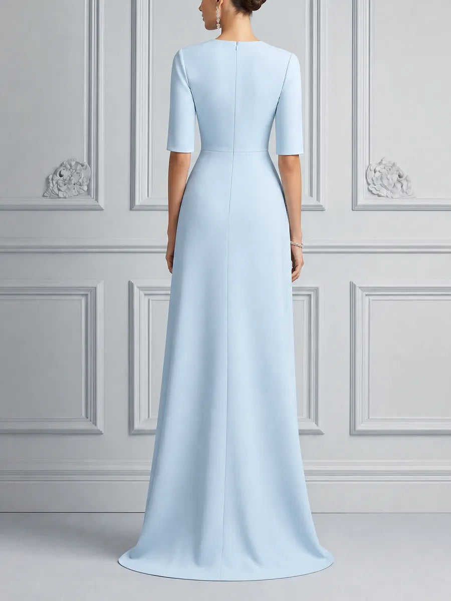 Blue Dress Fall Wedding Guest Dress Floral Appliqué Overlap Maxi Dress