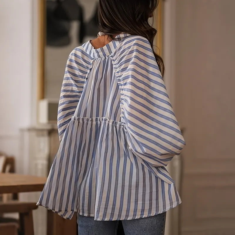 Women's Elegant Stripes Cotton And Linen Top