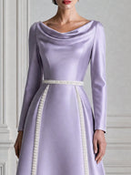 Cowl Neck Satin Pearl Trim A-Line Midi Dress