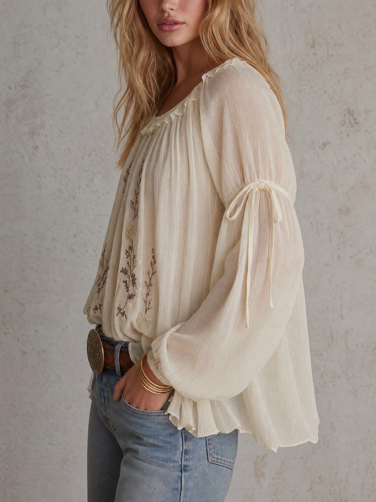 Romantic Boho Embroidered Sheer Balloon Sleeve Blouse Top