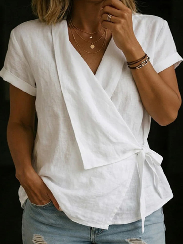 Women's Solid Color Short Sleeve Linen Blend Shirt