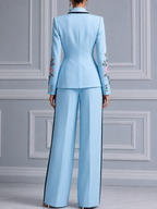 Sky Blue Floral Embroidered Deep V Tailored Blazer & Wide Leg Trousers Two-Piece Suit Set