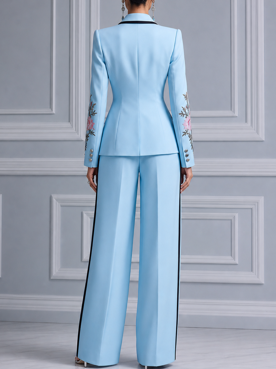 Sky Blue Floral Embroidered Deep V Tailored Blazer & Wide Leg Trousers Two-Piece Suit Set