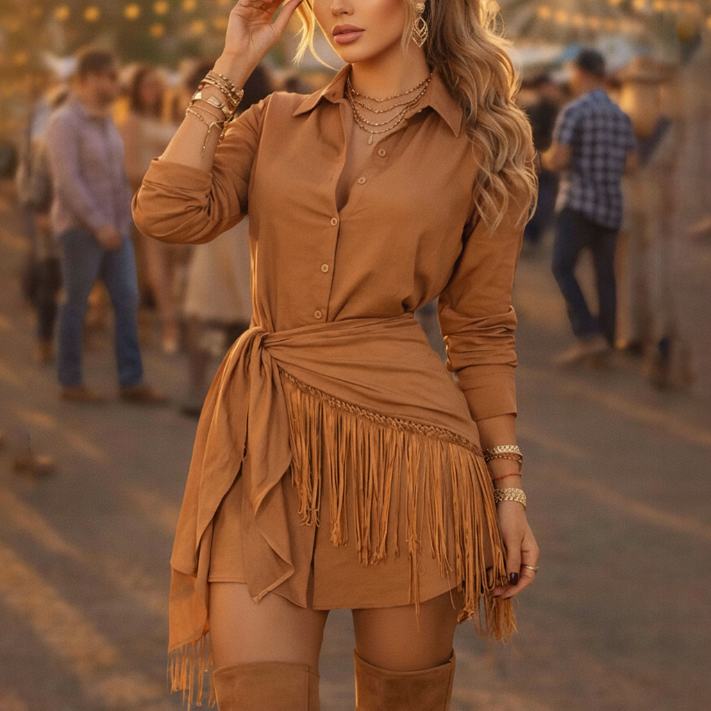 Women's Brown Fringe Wrap Long-Sleeve Collared Shirt Dress
