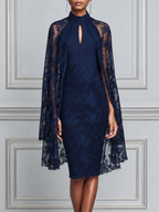 Navy Lace High Neck Keyhole Pencil Dress