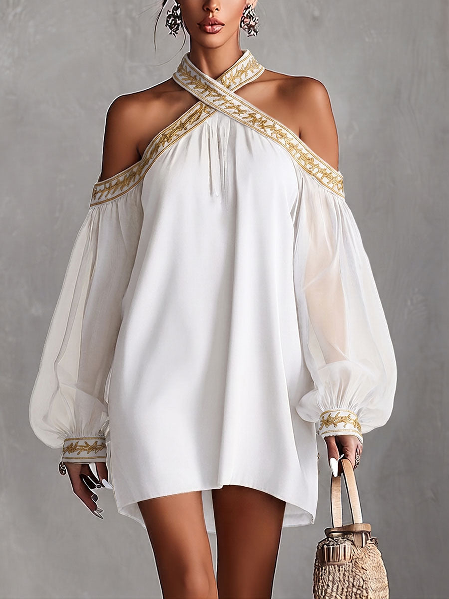 Women's Long-Sleeve Halterneck Casual Loose Chiffon Dress