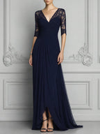 Navy Lace Dress Wrap V Neck Chiffon Slit Maxi Dress