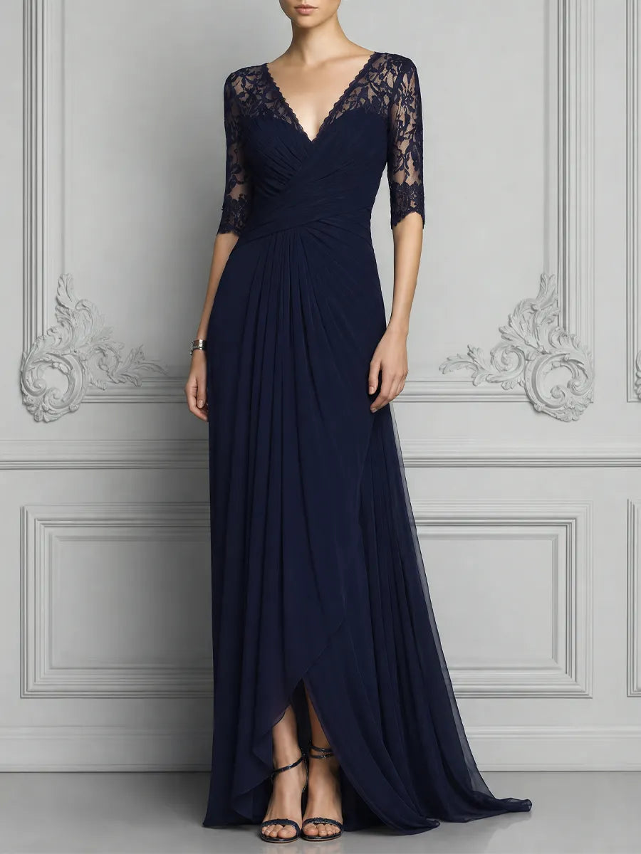 Navy Lace Dress Wrap V Neck Chiffon Slit Maxi Dress