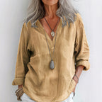 Retro Solid Color Long Sleeve Linen V-neck Shirt