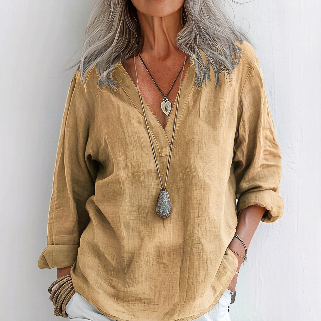 Retro Solid Color Long Sleeve Linen V-neck Shirt