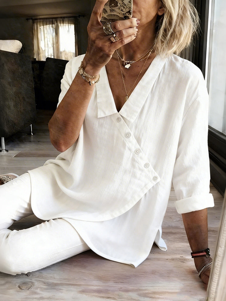 Women's Solid Color Button Design Linen Blend Shirt