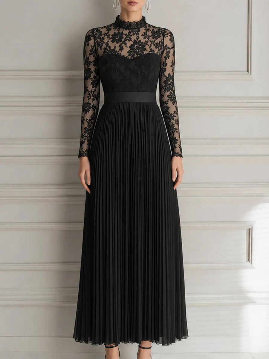 Elegant Floral Lace Pleated Chiffon Maxi Evening Dress